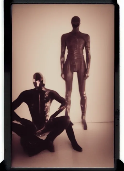 Image similar to polaroid fashion photography, flash photography, photo taken in a back storage room where you can see empty shelves in the background, 3 / 4 view portrait head chest and arms portrait of an android with an adult male human looking face, the android is sitting in a thinker's pose and is pondering the meaning of its existence, the thinker by auguste rodin