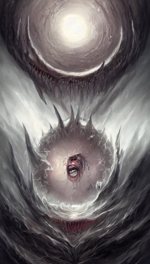 Image similar to a storm vortex made of many demonic eyes and teeth, by charlie bowater