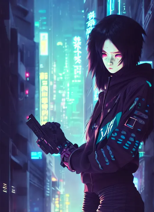 Image similar to cyberpunk anime girl in hoodie, grafity, neonpunk, alita, arcane, action, tokyo street, detail, good face, pose model, concept art, in style of yoji shinkawa, pan ren wei, col price, atey ghailan, by greg rutkowski, aesthetic