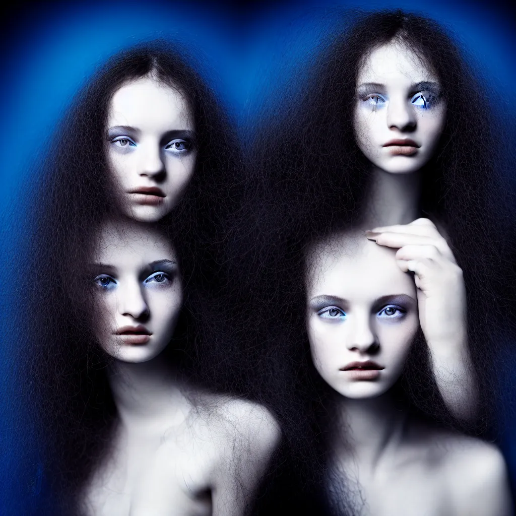 Prompt: High detatiled close-up of a young woman with long dark curly hair dressed in long white, fine art photography light painting by Paolo Roversi, professional studio lighting, dark blue background, hyper realistic photography, fashion magazine style