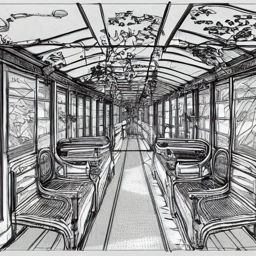 Prompt: annotated highly, detailed and intricate, sketch of the inside of a carriage cabin full of green plants, marker concept art style rendering, concept art, half blueprint, trending on artstation, intricate details, center frame, annotations