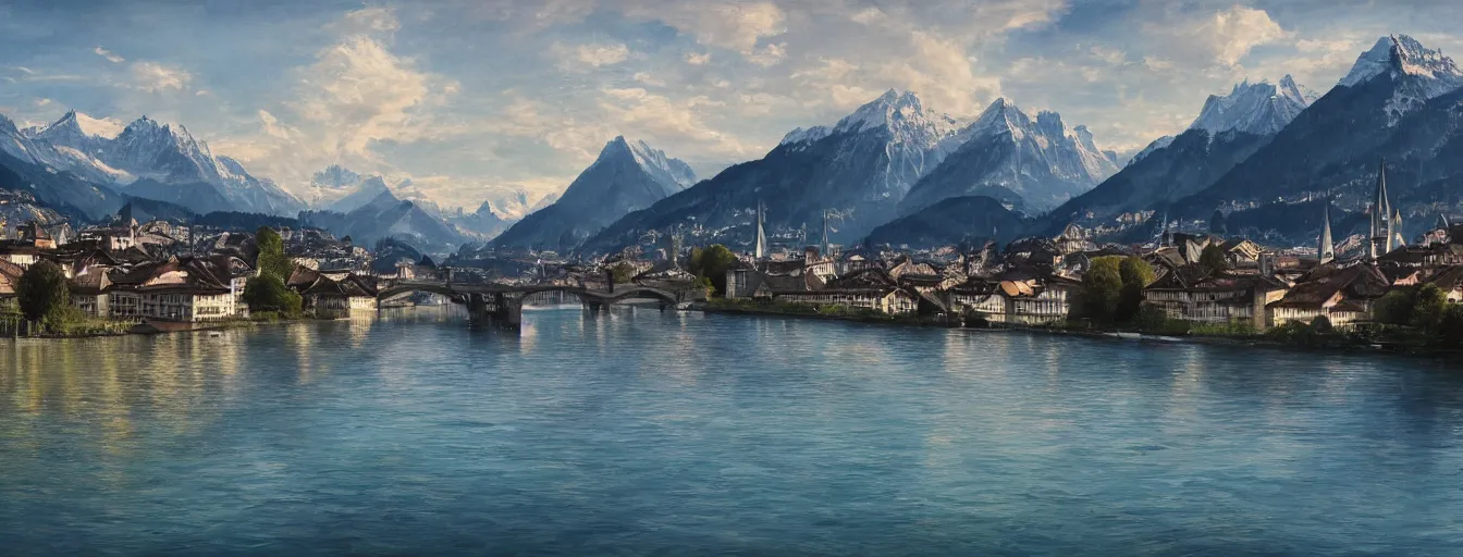 Prompt: Digital painting of Zurich, Limmat and the lake, wide angle, volumetric light, caribean water, hyperdetailed, Alps in the background, artstation, cgsociety, 8k