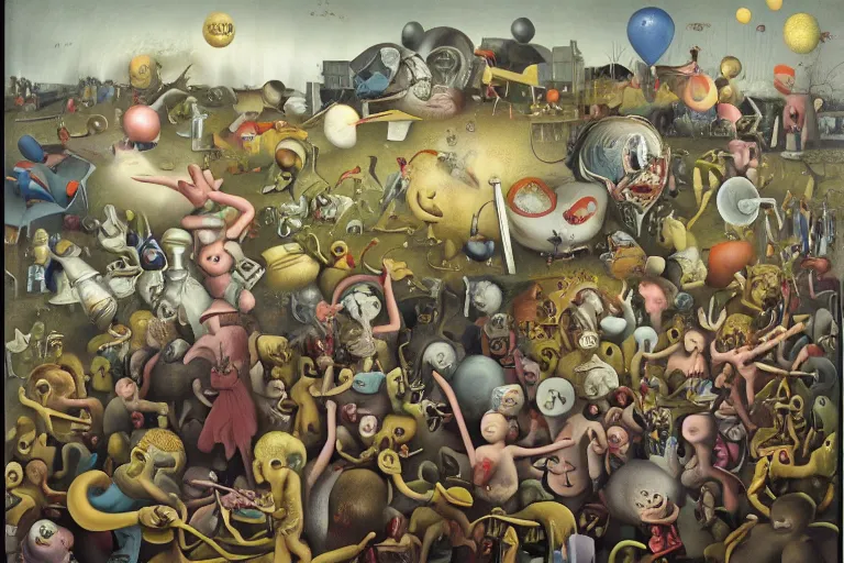 Image similar to a strange battle in an old hospital between old people and babies Robert Williams Yves Tanguy Mark Ryden and Alex Gross, Todd Schorr highly detailed balanced composition golden ratio masterpiece