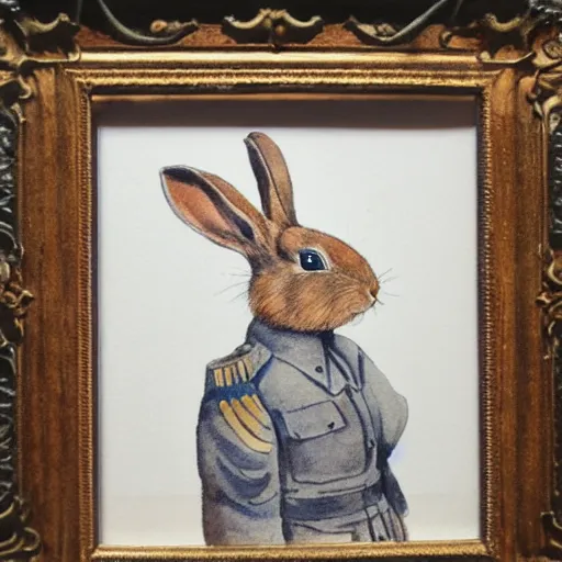Image similar to a rabbit wearing a white ww1 uniform, watercolour
