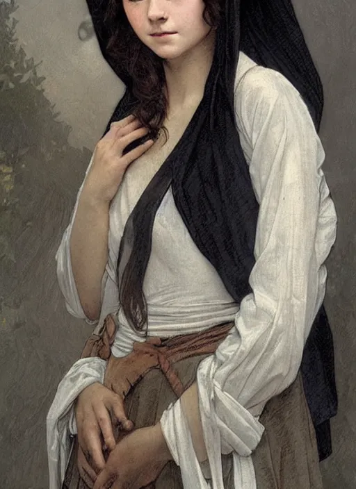 Prompt: a portrait of a 16 year old girl in 1800s style with pale skin and very short black hair wearing a cloak made of strips of grey fabric, By Artgerm and Greg Rutkowski and Alphonse Mucha