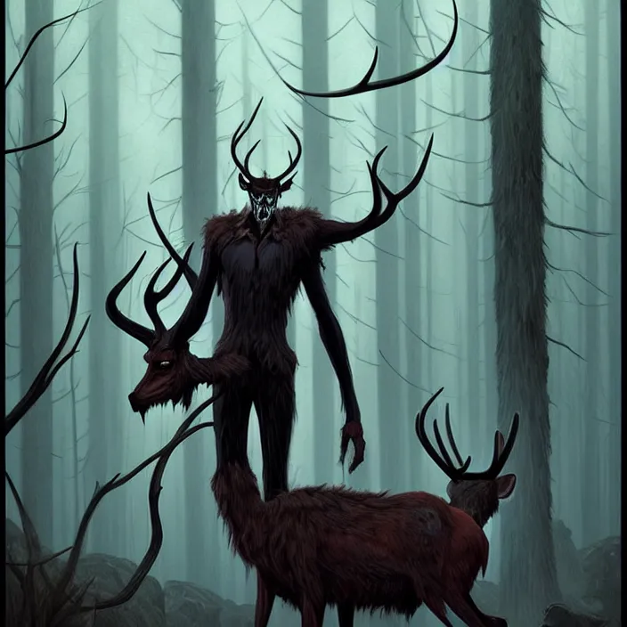 Prompt: rafeal albuquerque comic art, joshua middleton, artgerm : : wendigo monster with deer skull face, antlers, furry body, tall and lanky : : walking through the forest : : night time : : spooky, scary, fog