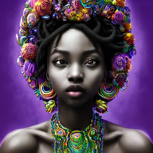 Prompt: the portrait of the absurdly beautiful, graceful, elegant, gorgeous, sensual young black girl goddess made of rainbow soul spirit, an ultrafine hyperdetailed photograph by kim jung gi, irakli nadar, intricate linework, bright colors, octopath traveler, final fantasy, unreal engine 5 highly rendered, global illumination, radiant light, intricate environment, 8 k