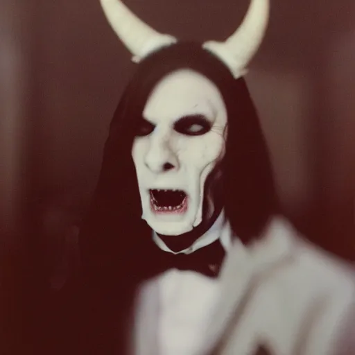 Image similar to gothic horror man in white with horns and fangs blurry depth of field polaroid high resolution