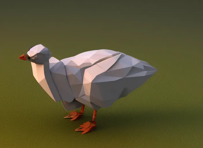 Prompt: Low-poly clay render of a cute robotic Goose saying hi with its wing; trending on artstation, Octane render, Unreal Engine, highly detailed