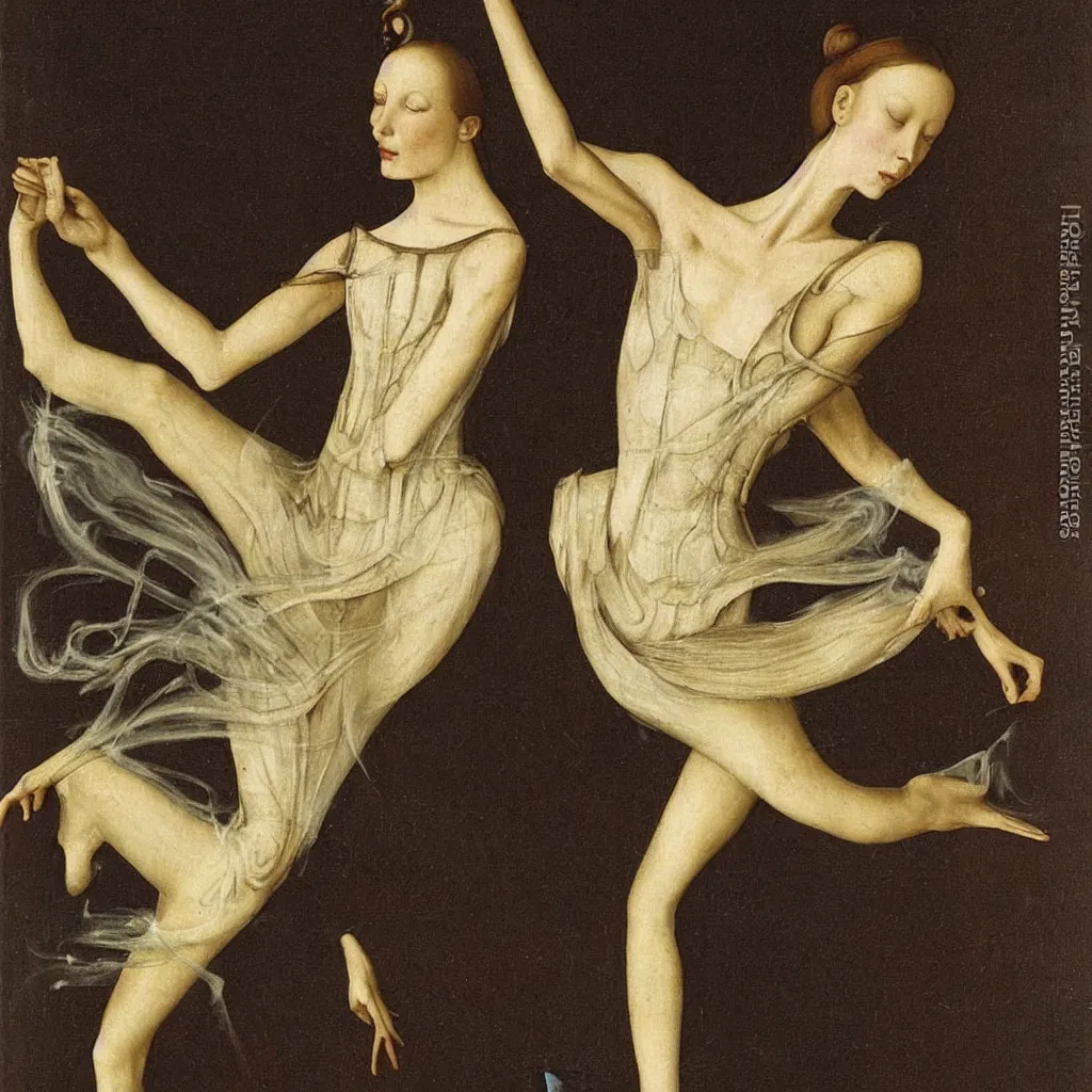 Image similar to a graceful detailed ballerina leaving a chromatic trail of smoke by h. r. giger, by hans memling