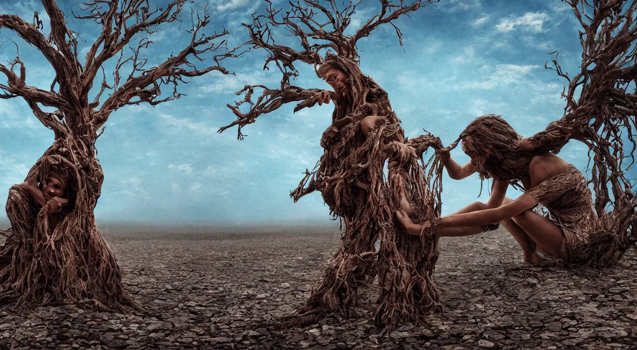 Prompt: 65-year-old tree-woman crying one single tear, facing the camera and sitting on a dried up river in a desolate land, blue sky, hot and sunny, highly-detailed, elegant, dramatic lighting, artstation, 4k, cinematic landscape, photograph