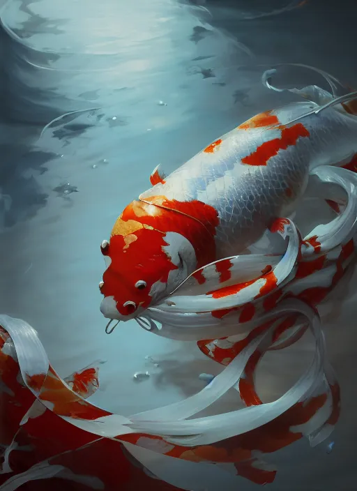 Prompt: subsurface scattering, white, koi, samurai deity with koi armor, floating ribbons, octane render, by jesper ejsing, james jean, justin gerard, tomasz alen kopera, cgsociety and fenghua zhong, highly detailed, rim light, cinematic lighting, art, very coherent, cinematic, hyper realism, high detail, 8 k