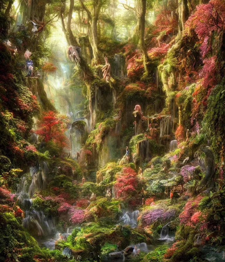 Image similar to a beautiful hyperrealistic detailed painting of a thin climbing path climbing through an enchanted fantasy forest, by federic edwin church, by alex heywood, by hayao miyazaki, epic scale, 3 d, brilliantly coloured, intricate, ultra wide angle, trending on artstation, golden ratio, morning, volumetric lighting, polished, micro details