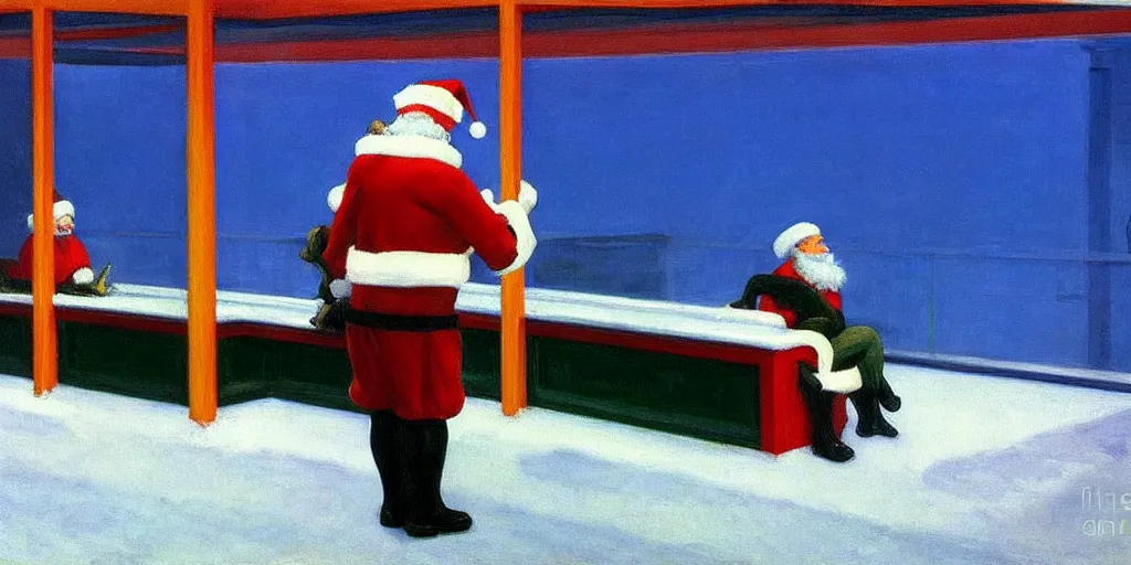 Prompt: santa claus in the painting nighthawks by edward hopper with