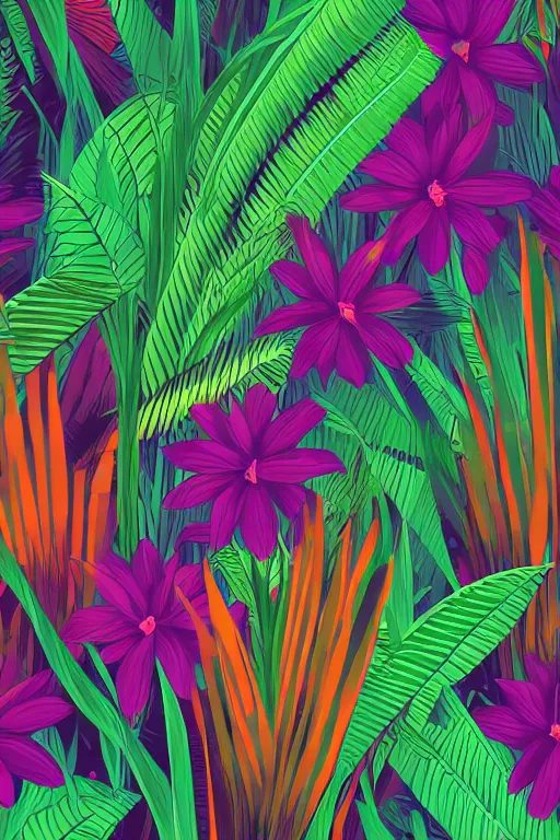 Prompt: dark moody vector illustration of tropical flowers and green reeds, multiple cohesive colors ranging from warms purples to bright oranges on a ((very dark background)), 4K resolution, trending on artstation, hd wallpaper