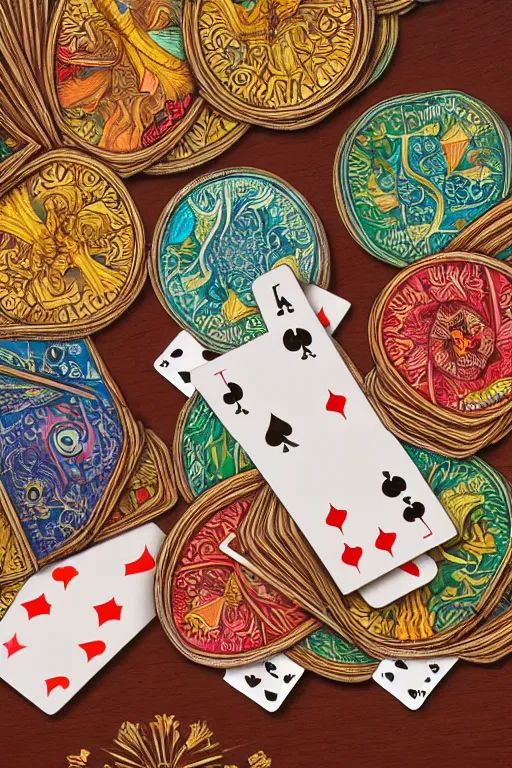 Image similar to colorful playing cards and coins on a wooden table seen from above, warm lighting, fantasy, intricate, elegant, highly detailed, digital painting, artstation, concept art, matte, sharp focus, illustration, art by kay nielsen and walter crane, illustration style, watercolor