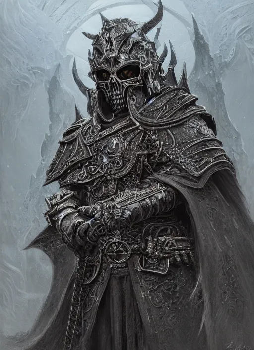 Image similar to a highly detailed character portrait of the Lich King, ornate gothic armor, intricate, digital painting, artstation, intricate, concept art, smooth, sharp focus, illustration, art by Zdzislaw Beksinski