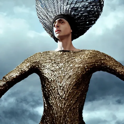 Image similar to a slim athletic beautiful male wearing a iris van herpen outfit in a cinematic still with the sky as background, tarsem singh art movie