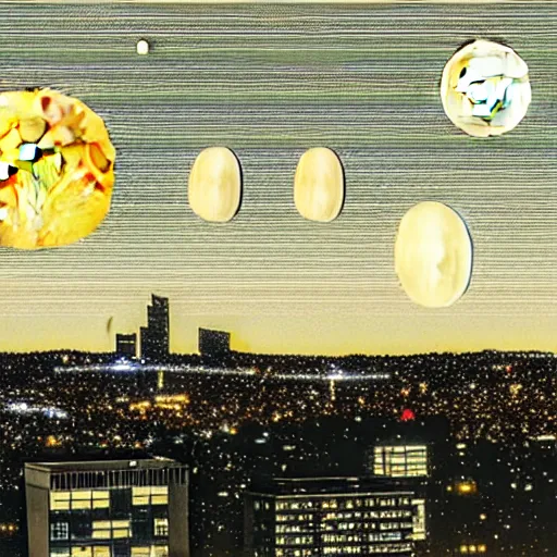 Image similar to a multilunar skyline view with ten different sizes and separate moons