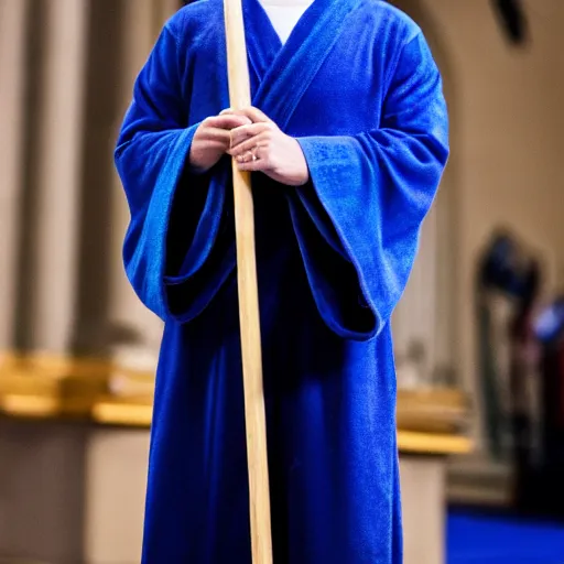 Image similar to Mark Zuckerberg as a wizard wearing blue robes, a blue pointed wizard hat and holding a magic staff, highly detailed, high quality, HD, 4k, 8k, Canon 300mm, professional photographer, 40mp, lifelike, top-rated, award winning, realistic, sharp, no blur, edited, corrected, trending