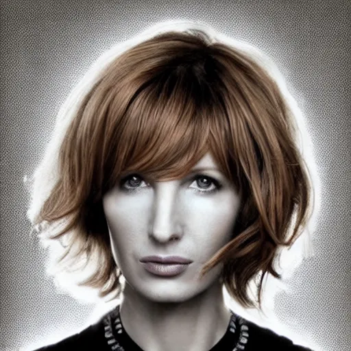 Image similar to award winning portrait of kelly reilly as a young man!!!! bare ears, short!! brown!! hair and hazel!!! eyes, stubble