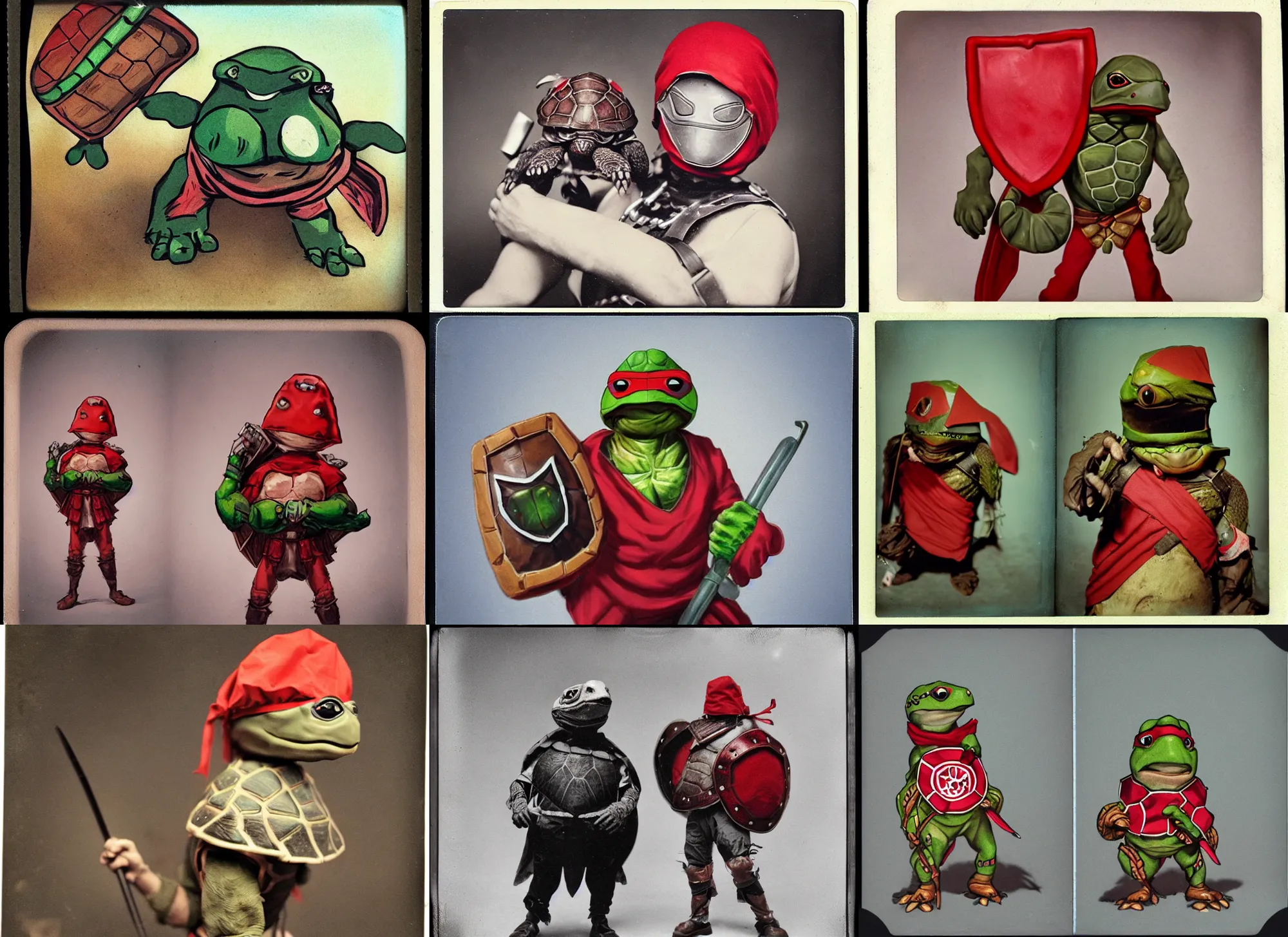 Prompt: anthropomorphic! a badass turtle fighter with red bandana on his eyes, protectors on elbows and a shield made out of a turtle shell. polaroid, color vintage