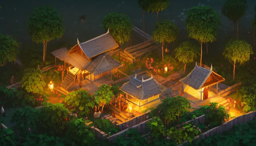 Prompt: a low poly isometric render of moonlit kerala village, with kerala motifs, intricate, elegant, smooth shading, soft lighting, illustration, simple, solid shapes, concept art, by magali villeneuve, jeremy lipkin and michael garmash, rob rey and kentaro miura style, octane render