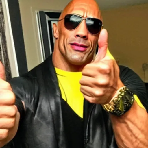 Prompt: the rock doing a selfie giving a thumbs up.
