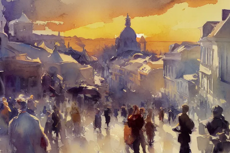 Image similar to small centered on watercolor paper, paint brush strokes, abstract watercolor painting of lisbon, cinematic light, national romanticism by hans dahl, by jesper ejsing, by anders zorn, by greg rutkowski, by greg manchess, by tyler edlin