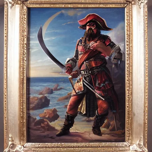 Prompt: Italian Pirate Captain, who is a druid urban bounty hunter, wielding crossbow and a sword, wearing leather armor, facing the sunset, with one hand resting on the hilt of his sword fantasy roman empire setting, oil painting