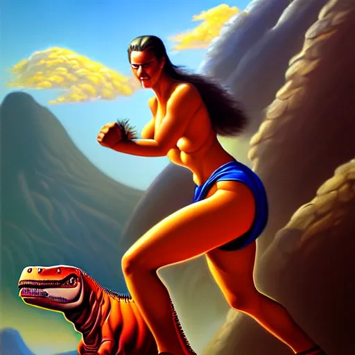 Image similar to portrait of an amazon girl riding a dinosaur, painted by stanley artgerm, volcanic landscape in the background by boris vallejo, fantasy art, sleek curves, sharp focus, trending on artstation hq, deviantart