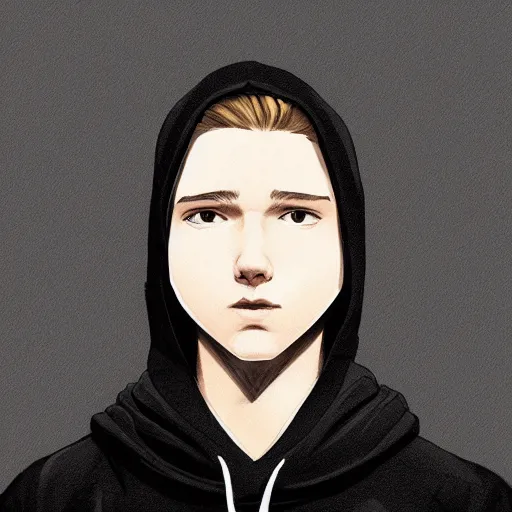 Prompt: a portrait of a 1 5 year old in a black hoodie with the hood on his head wearing black pants and shoes and round sunglasses and a black mask in the style of artgerm, charlie bowater, atey ghailan and mike mignola, vibrant colors and hard shadows and strong rim light, plain background, comic cover art, trending on artstation