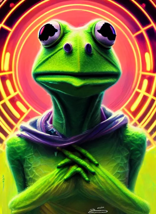 Image similar to symmetry portrait of kermit the frog, sci - fi, tech wear, glowing lights intricate, elegant, highly detailed, digital painting, artstation, concept art, smooth, sharp focus, illustration, art by artgerm and greg rutkowski and alphonse mucha