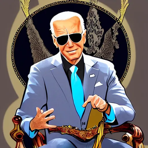 Prompt: Digital art of President Joe Biden, wearing sunglasses, on a throne