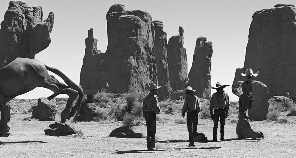 Image similar to film still showing cowboys looking at a gigantic abstract sculpture in the desert directed by Sergio Leone, western, monument valley, cinemascope, technicolor