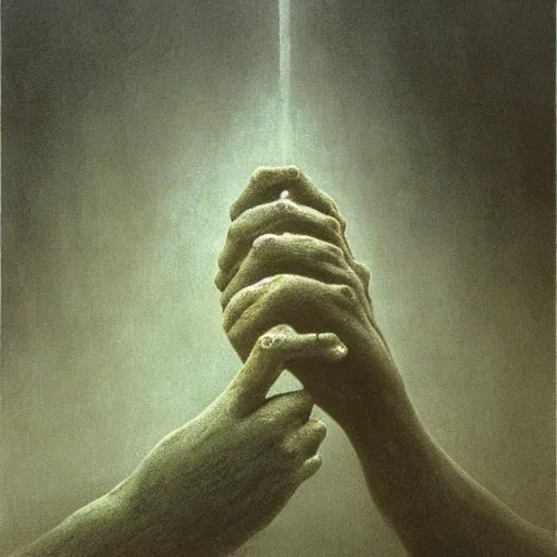 Prompt: hand and arm reaching out of thick fog, extremely detailed, intricate, zdzislaw beksinski