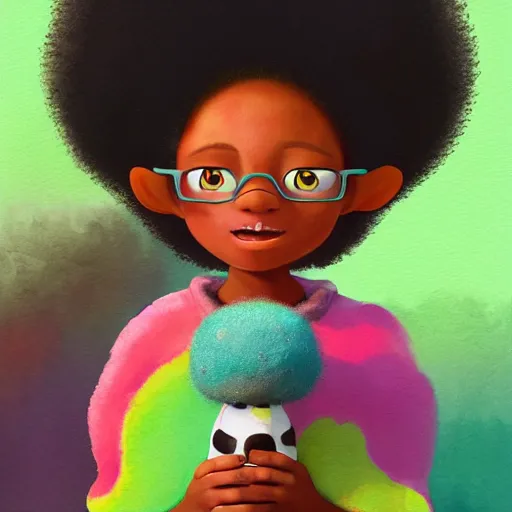 Prompt: a black princess girl with a colorful afro and big beautiful eyes playing with her furry pet, bright colours, watercolor, volumetric wool felting, macro photography, children illustration, by goro fujita