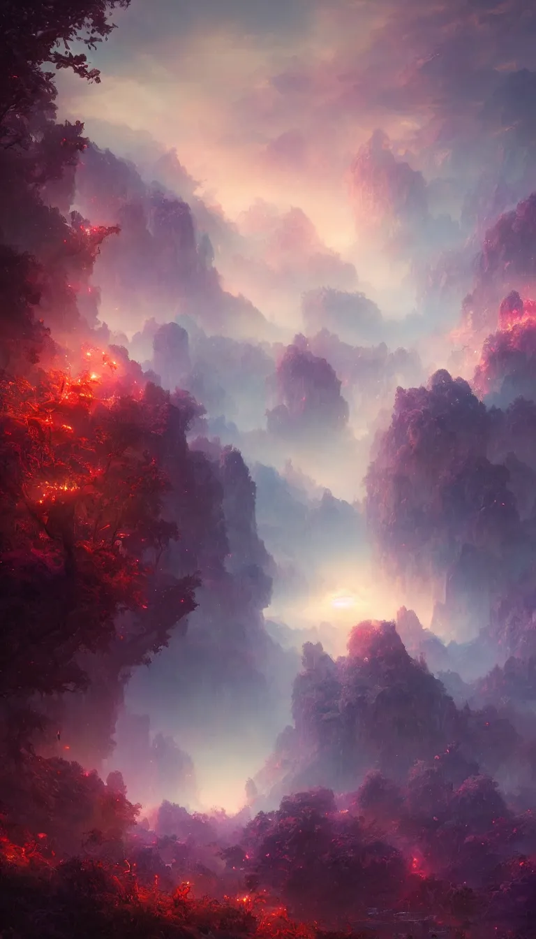 Image similar to luscious fibrous world made of mystical magical energy colorized as blue, red, and purple, illustrated by Greg Rutkowski and Gaston Bussiere, loquacious lighting, volumetric lighting, beautiful photography, landscape imagery, Trending on artstation, 4k, 8k.