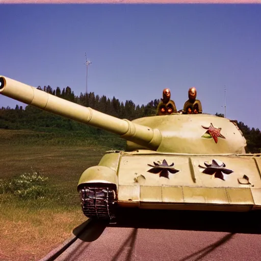 Prompt: the alien is photographed against the background of the t - 3 4 tank, top secret style, realistic photo, cinestill 8 0 0 t, 1 9 7 0 s, color