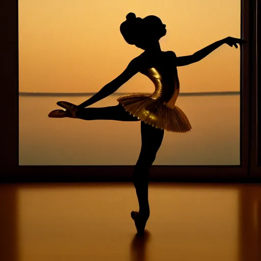 Prompt: a beautiful gold ballerina silhouette with a perfect body, hd, canon eos,