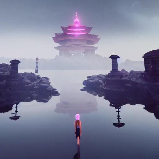 Image similar to high - tech space cult witch looking at floating islands while, foggy of a ancient temple in temple dramatic lighting, epic, octane render, volumetric light, unreal engine, artbreeder, 8 k, background, scene