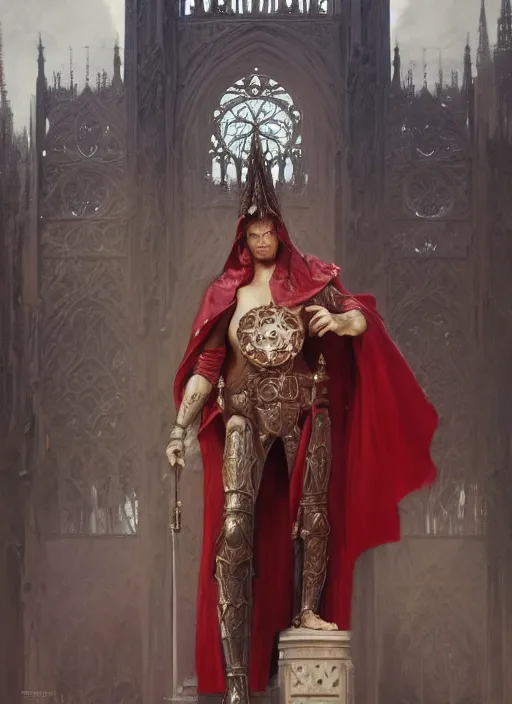 Image similar to A Full View of a Red Wizard wearing a robe and ornate armor in front of a gothic tower. masterpiece 4k digital illustration by Ruan Jia and Mandy Jurgens and Artgerm and greg rutkowski and Alexander Tsaruk and WLOP and william-adolphe bouguereau, award winning, Artstation, art nouveau aesthetic, Alphonse Mucha background, intricate details, realistic, panoramic view, Hyperdetailed, 8k resolution, intricate art nouveau