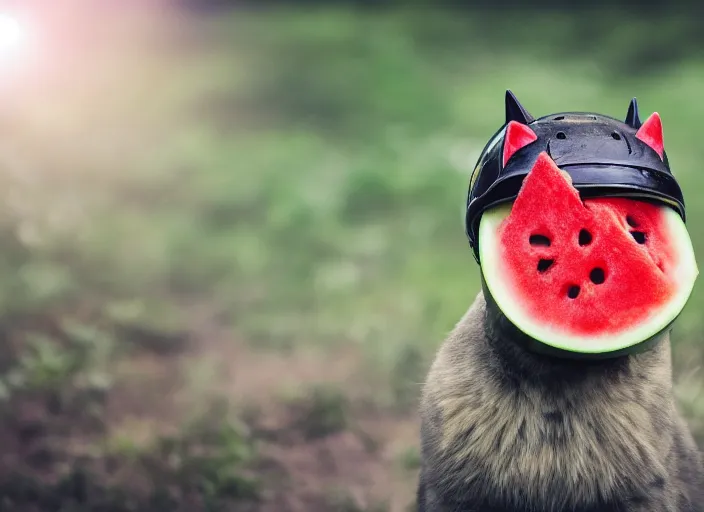 Image similar to photo of a cat wearing a helmet made of a watermelon. fantasy horror style. highly detailed 8 k. intricate. lifelike. soft light. nikon d 8 5 0 5 5 mm. dof. cinematic post - processing.