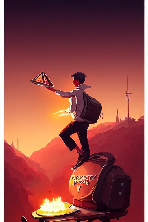 Image similar to greg rutkowski travel poster futuristic pizza delivery boy