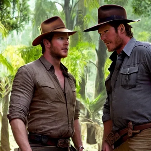 Image similar to a photo of chris pratt as indiana jones together with harrison ford, cinematic, natural lighting, genuine smile