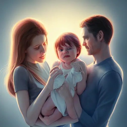 Prompt: man and woman standing together holding their 1 year old baby girl, beautifully lit, detailed, by artgerm, mumford and rutkowski, featured on artstation, cgsociety