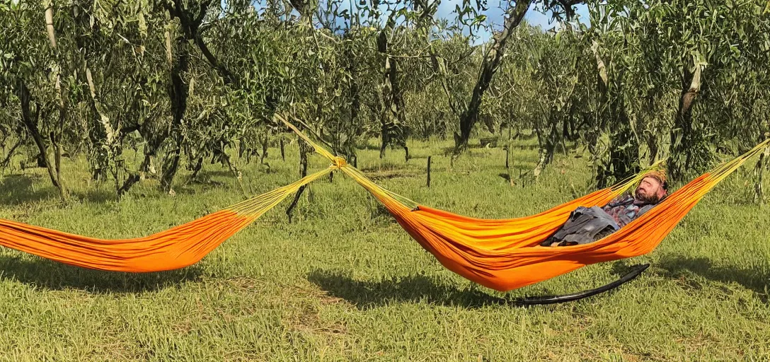 Prompt: Dutch Van Der Linde from Red Dead Redemption 2 sleeping in a hammock, a field of mango trees in the background