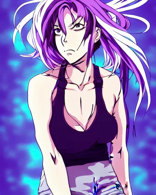 Image similar to style of madhouse studio anime, black lagoon manga, loish, artgerm, comic art, portrait of revy from black lagoon, symmetrical eyes and symmetrical face, jean shorts, white tank top, purple hair, sarcastic evil smirk on face, sky and ocean background