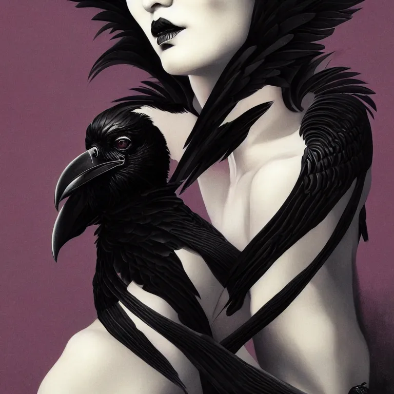 Image similar to breathtaking detailed concept art painting art deco portrait of a goth goddess amalgamation raven, by hsiao - ron cheng, bizarre compositions, exquisite detail, extremely moody lighting, 8 k