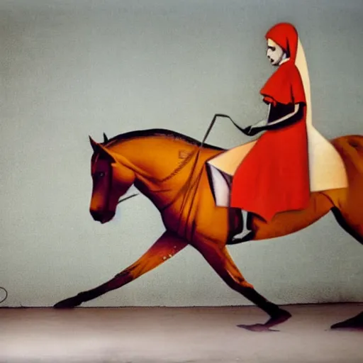 Prompt: tangerine calm by laszlo moholy - nagy, by banksy. a photograph of a heroine riding on a magnificent red horse. traditional russian folk costume & headscarf. pale & beautiful, resolve in her eyes. horse's hooves churn up earth as they gallop, dark forest looms.